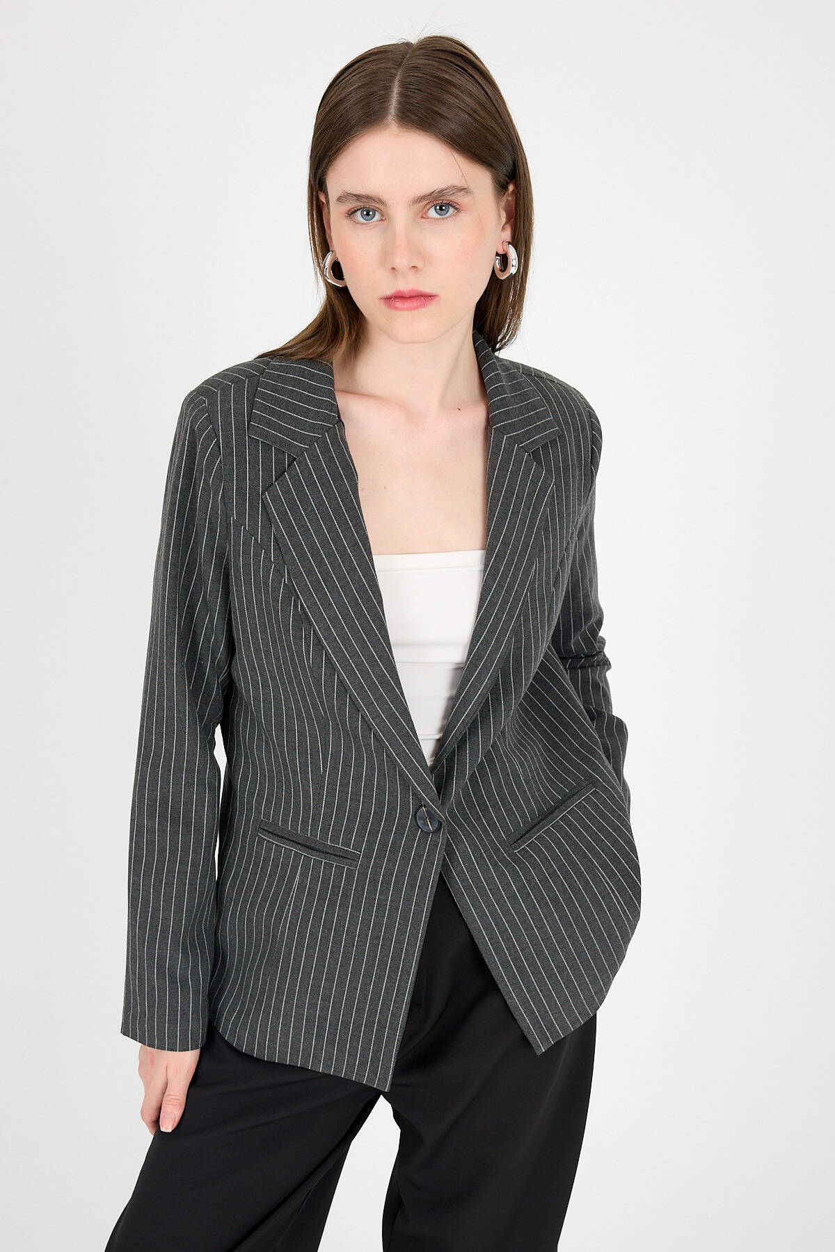 Antrasit Çizgili Tek Düğmeli Blazer Ceket 4594A - 6