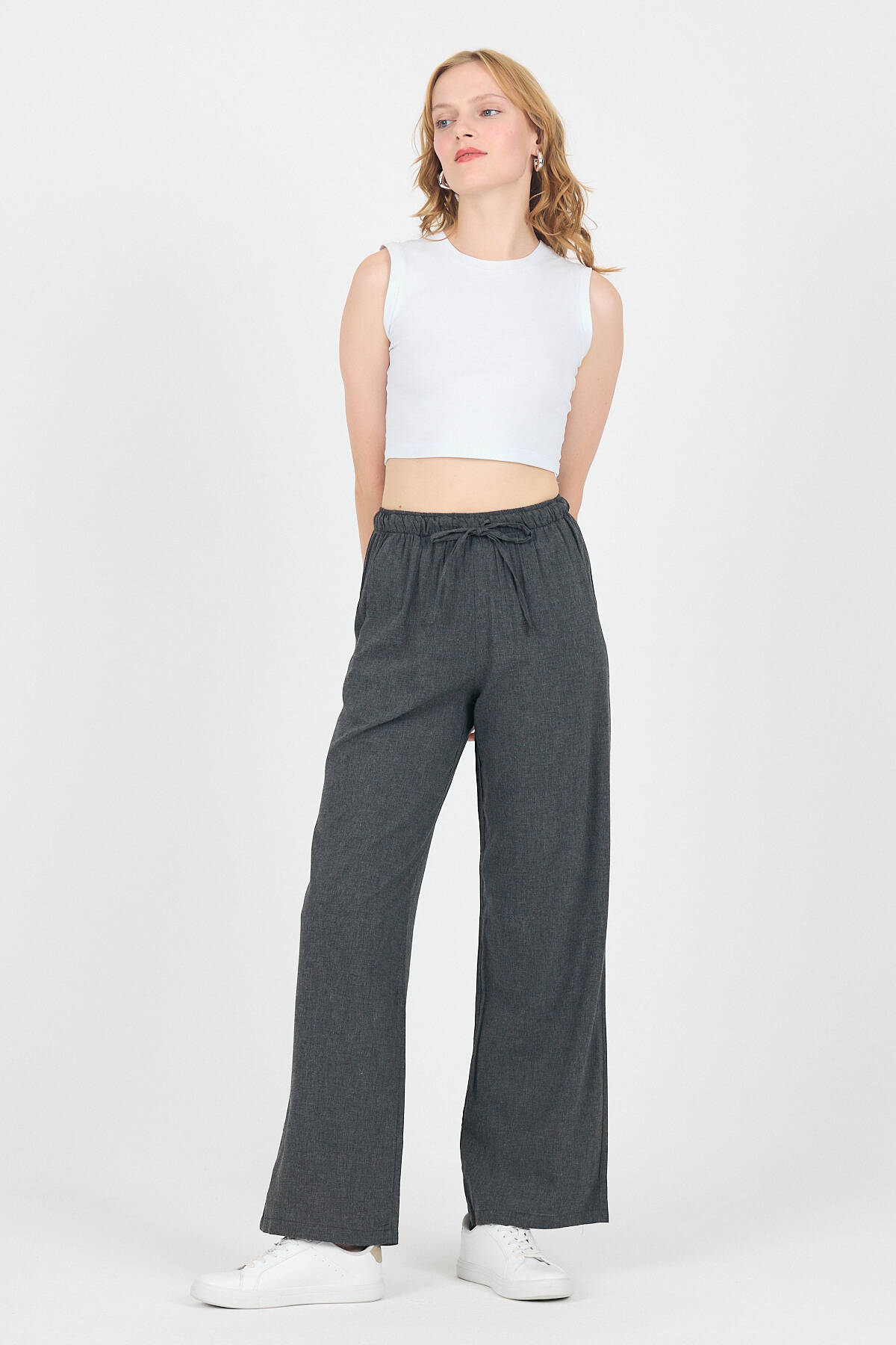 Antrasit Pamuklu Bel Lastikli Wide Leg/Bol Paça Pantolon 4754A - 2