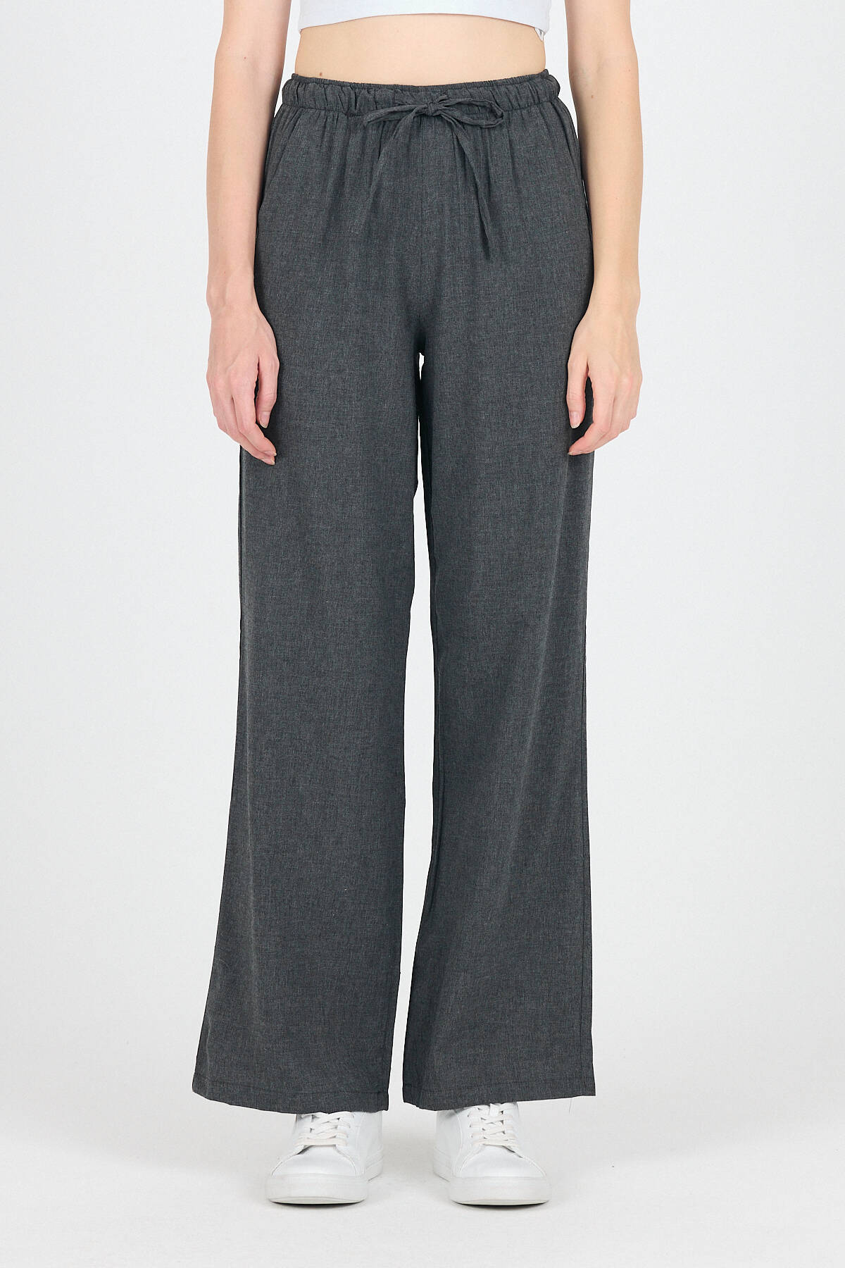 Antrasit Pamuklu Bel Lastikli Wide Leg/Bol Paça Pantolon 4754A - 3