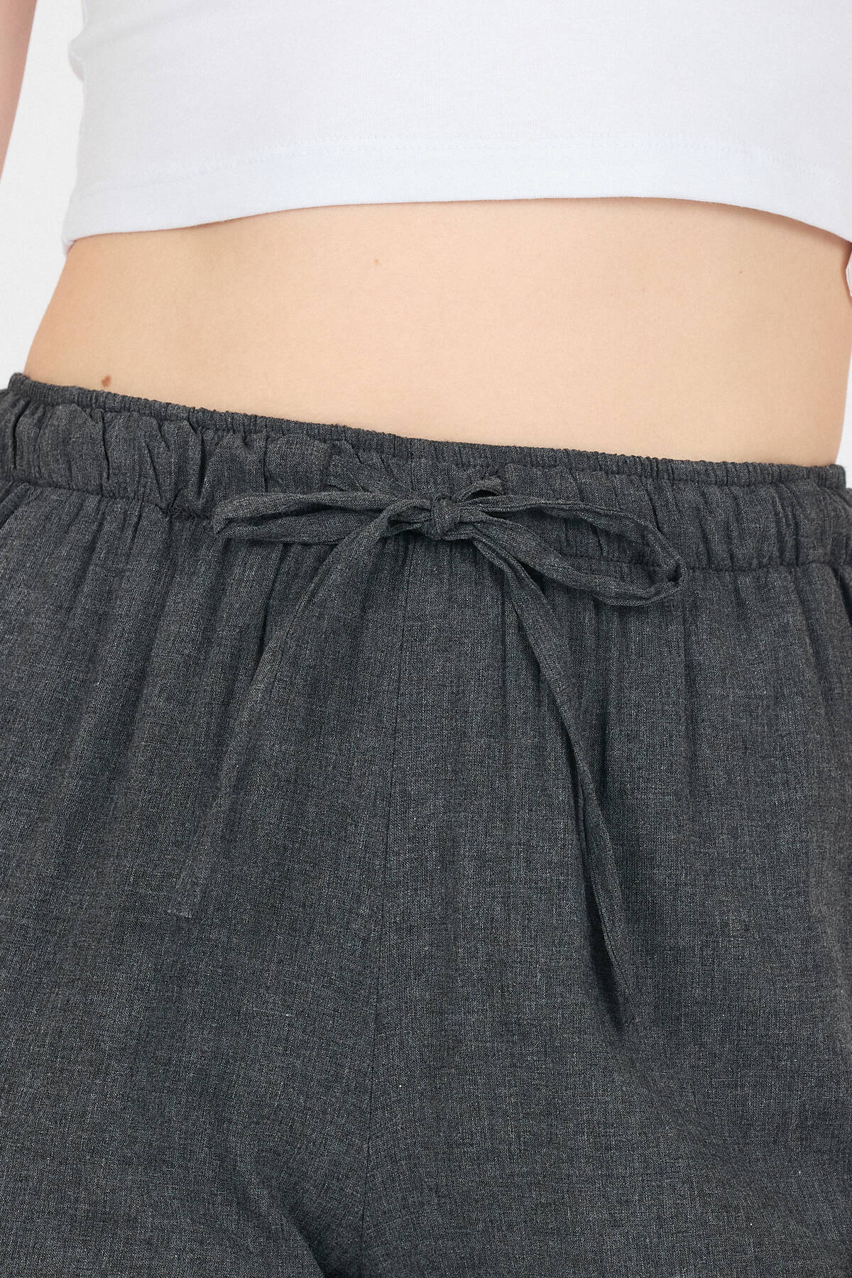 Antrasit Pamuklu Bel Lastikli Wide Leg/Bol Paça Pantolon 4754A - 4