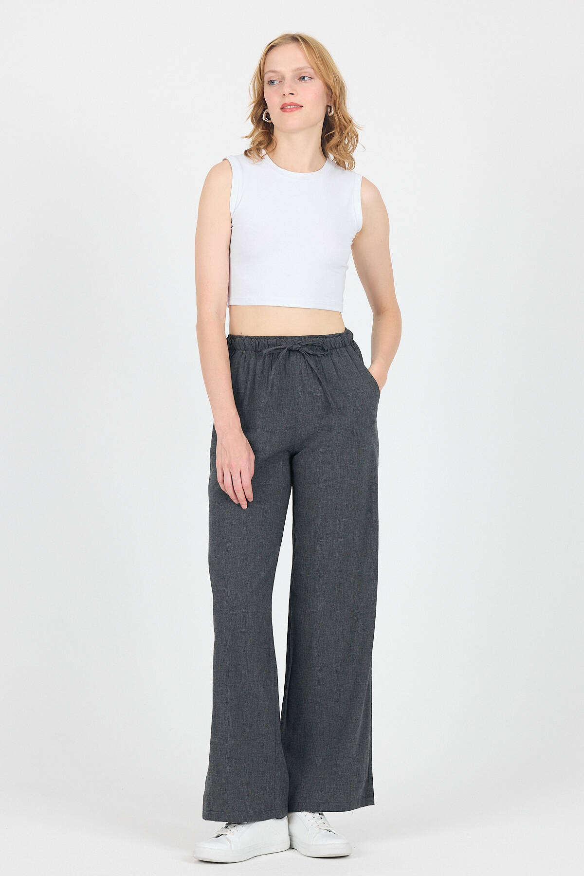 Antrasit Pamuklu Bel Lastikli Wide Leg/Bol Paça Pantolon 4754A - 6