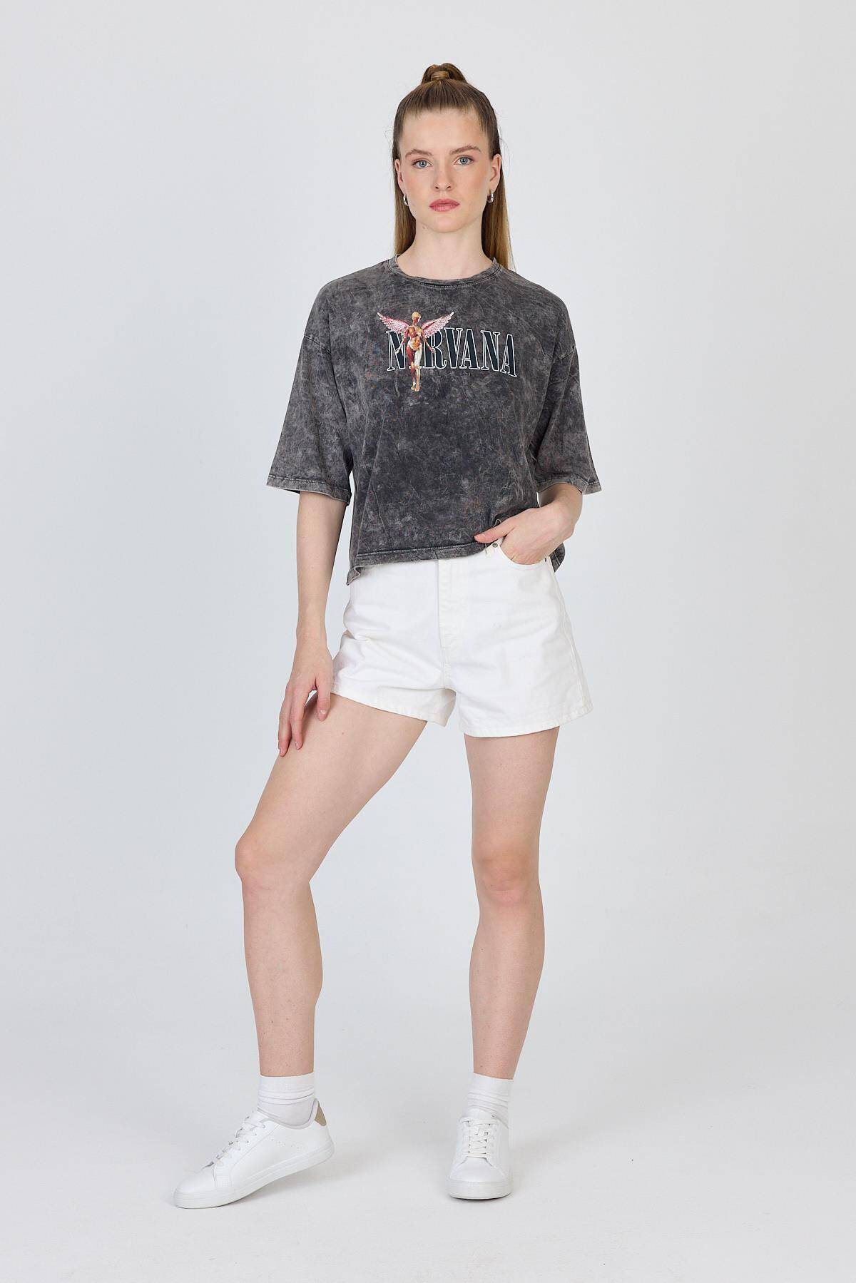 Antrasit Yıkamalı Yazı Baskılı Tişört 253020 - Stilay