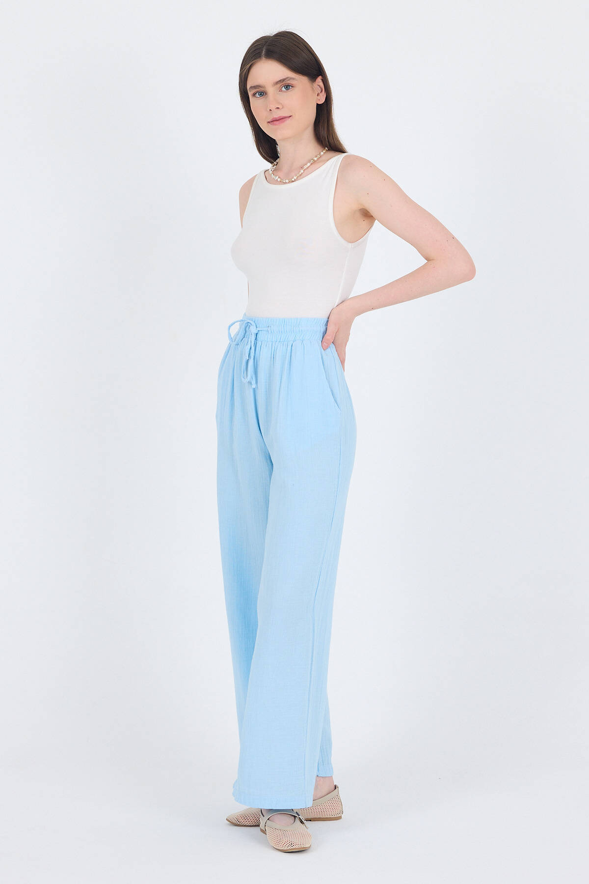 Bebe Mavi %100 Pamuk Müslin Palazzo/Bol Paça Pantolon 8056A - 2
