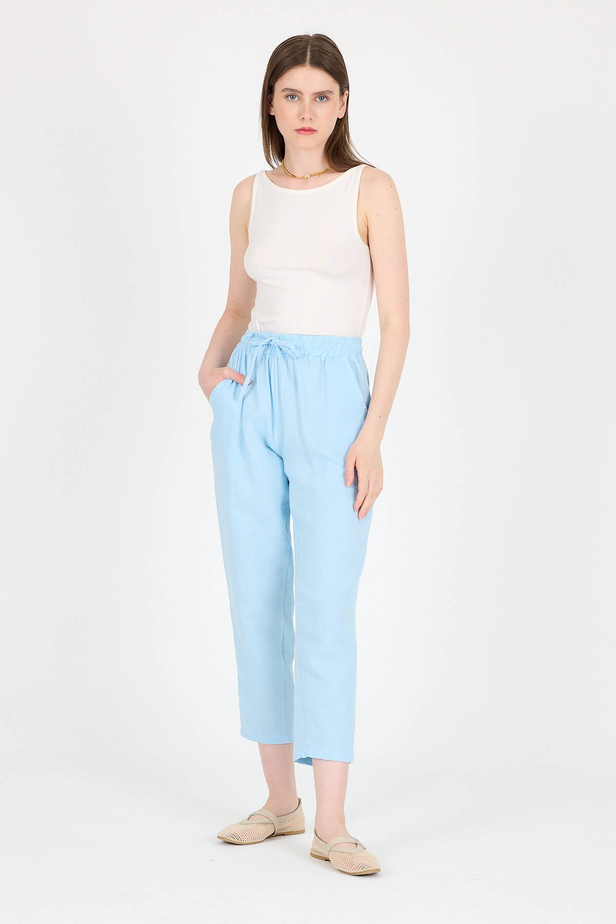 Bebe Mavi Müslin %100 Pamuk Beli Lastikli Pantolon 8055A 