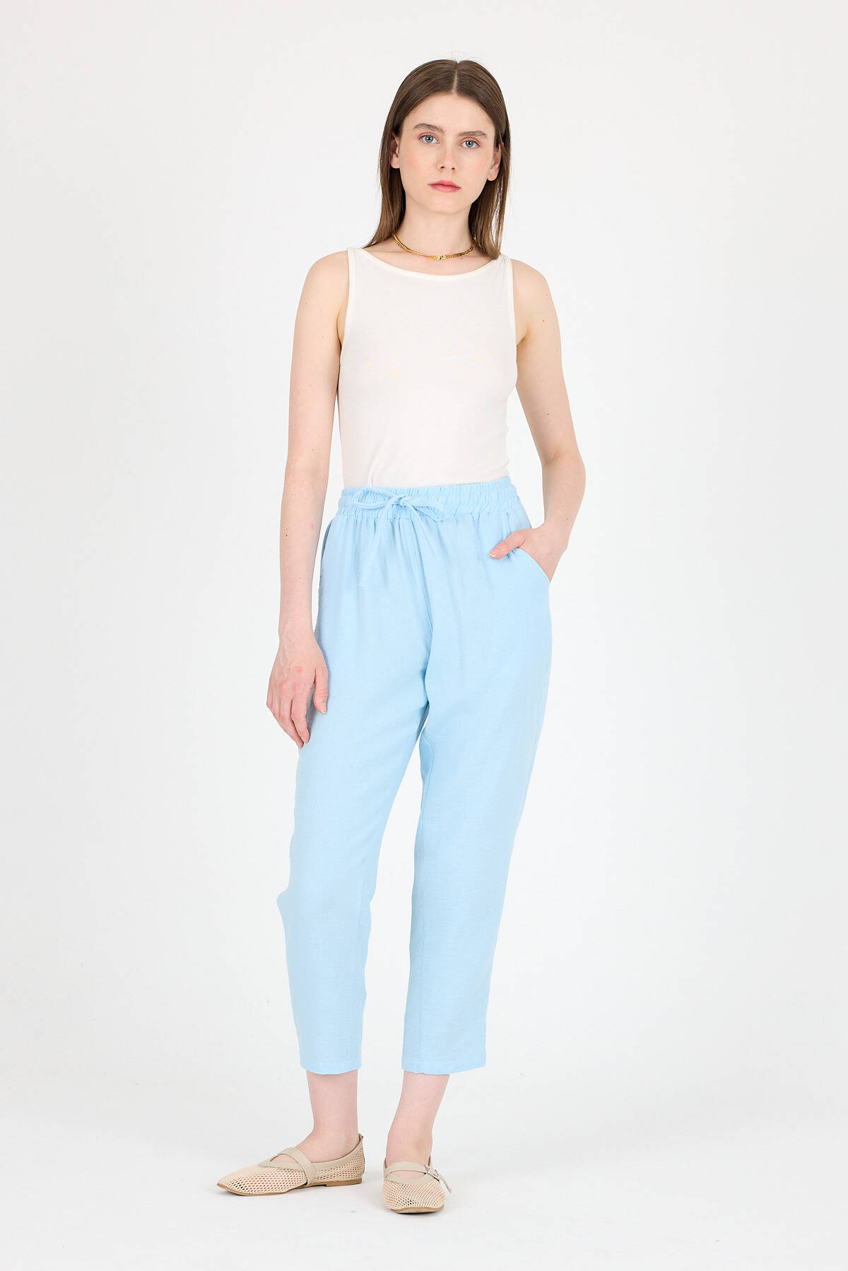 Bebe Mavi Müslin %100 Pamuk Beli Lastikli Pantolon 8055A - 2