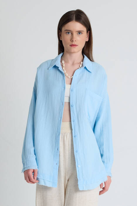 Bebe Mavi Oversize %100 Pamuk Müslin Gömlek 4786A - Stilay
