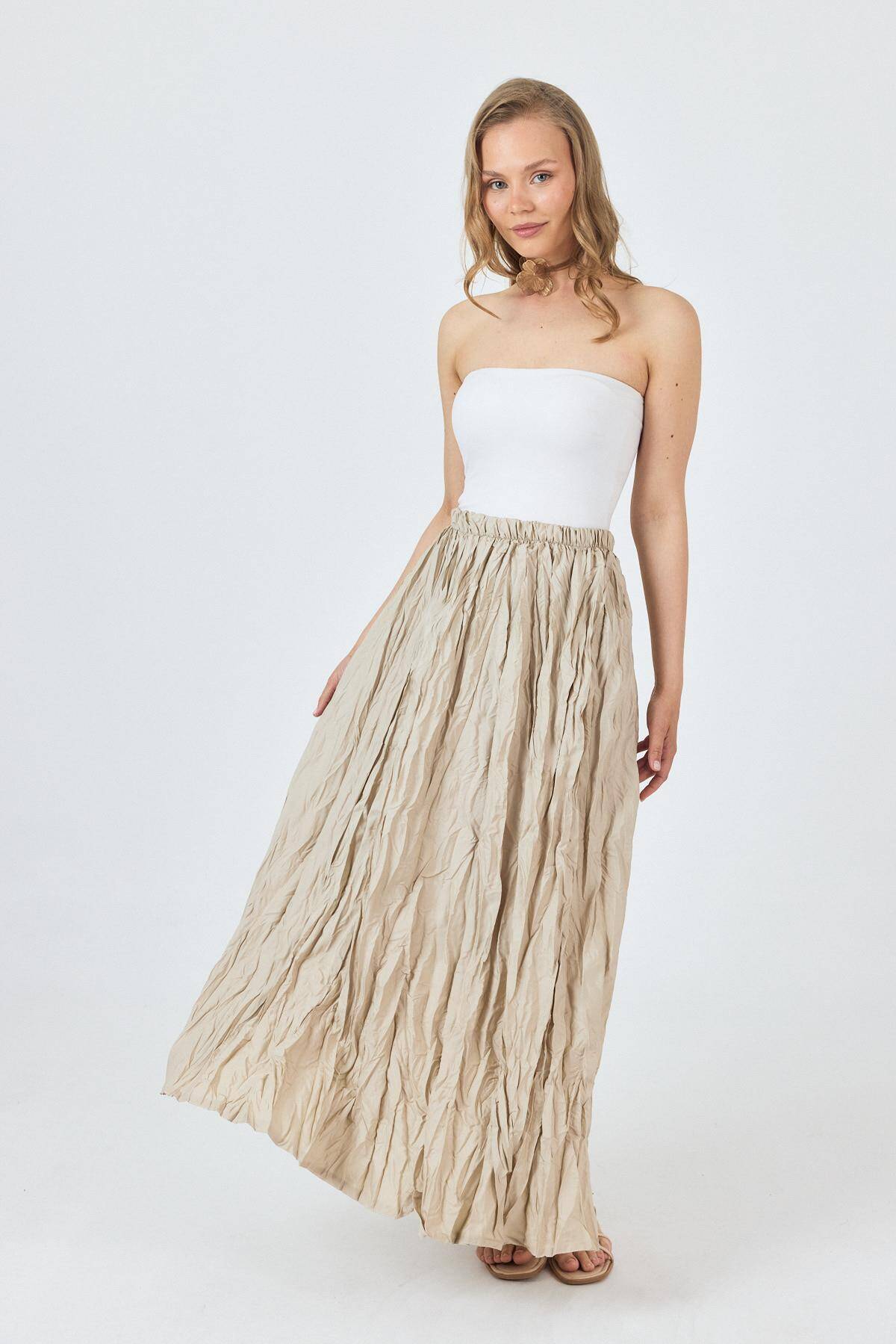 Bej Bel Lastikli Kırışık Kumaş Etek 3483 - Stilay