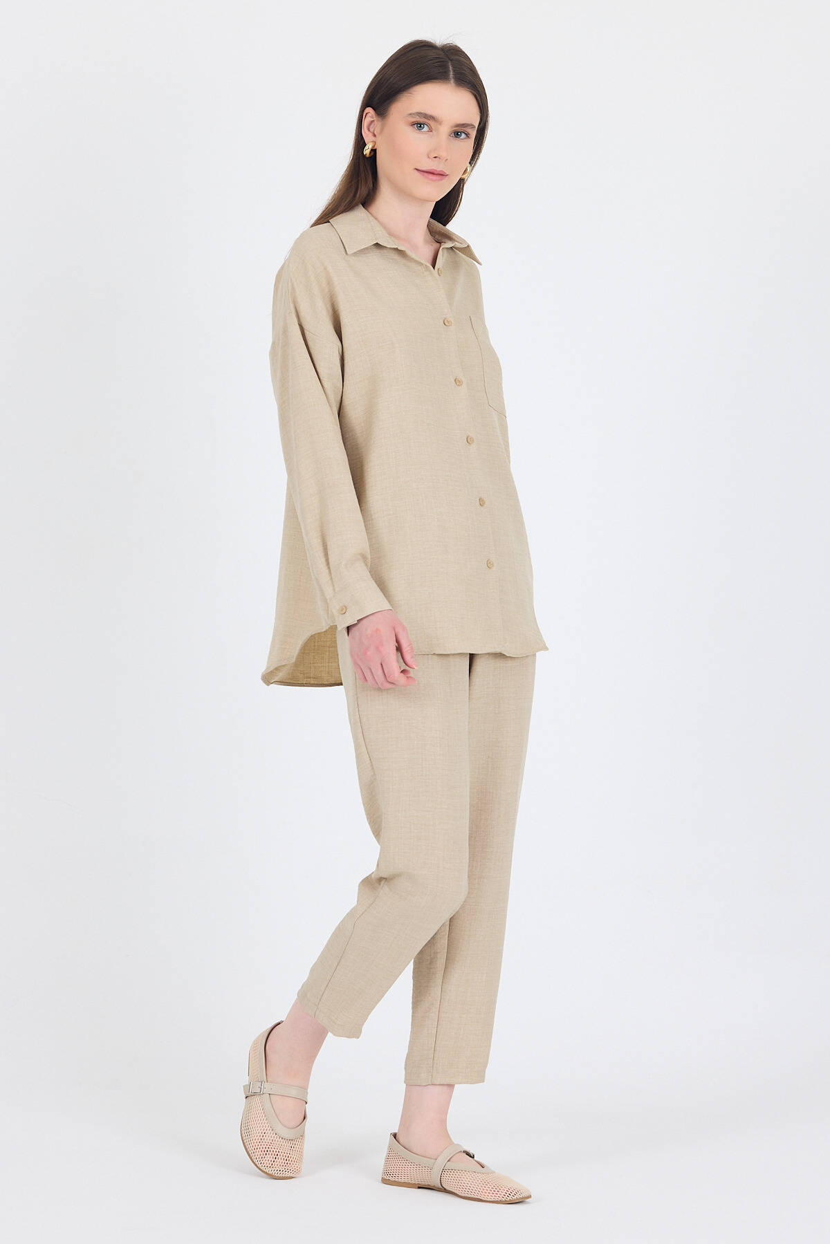 Bej Gömlek ve Beli Lastikli Pantolon İkili Takım 4813A - Stilay