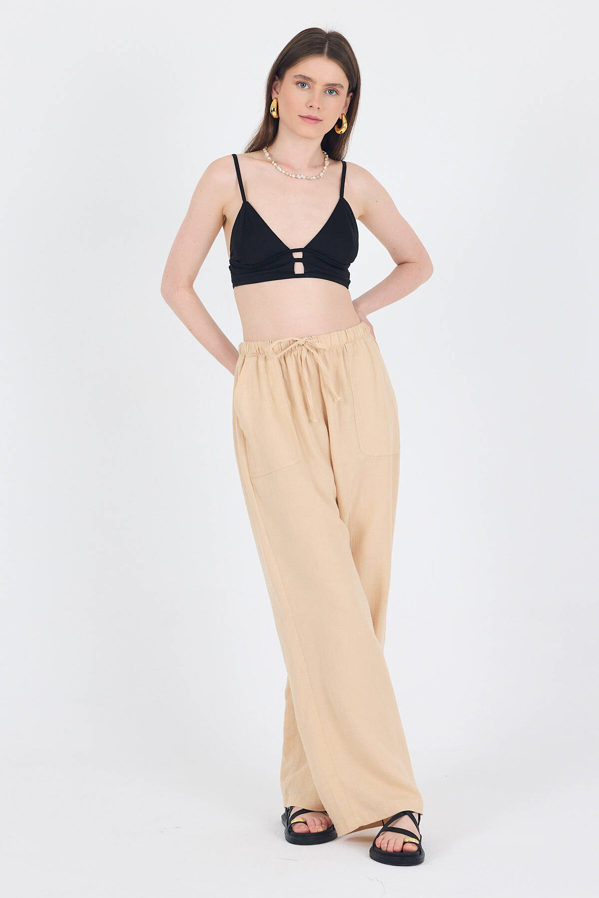 Bej Keten Görünümlü %100 Pamuk Cepli Bol Paça Pantolon 8054A - Stilay