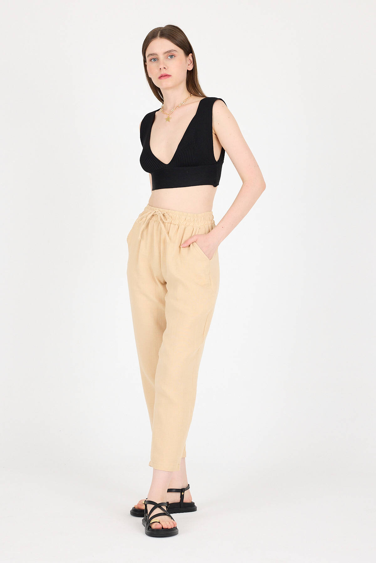 Bej Müslin %100 Pamuk Beli Lastikli Pantolon 8055A - Stilay