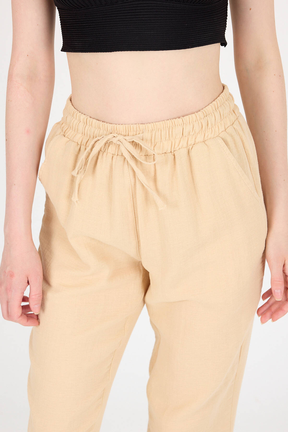 Bej Müslin %100 Pamuk Beli Lastikli Pantolon 8055A - 4