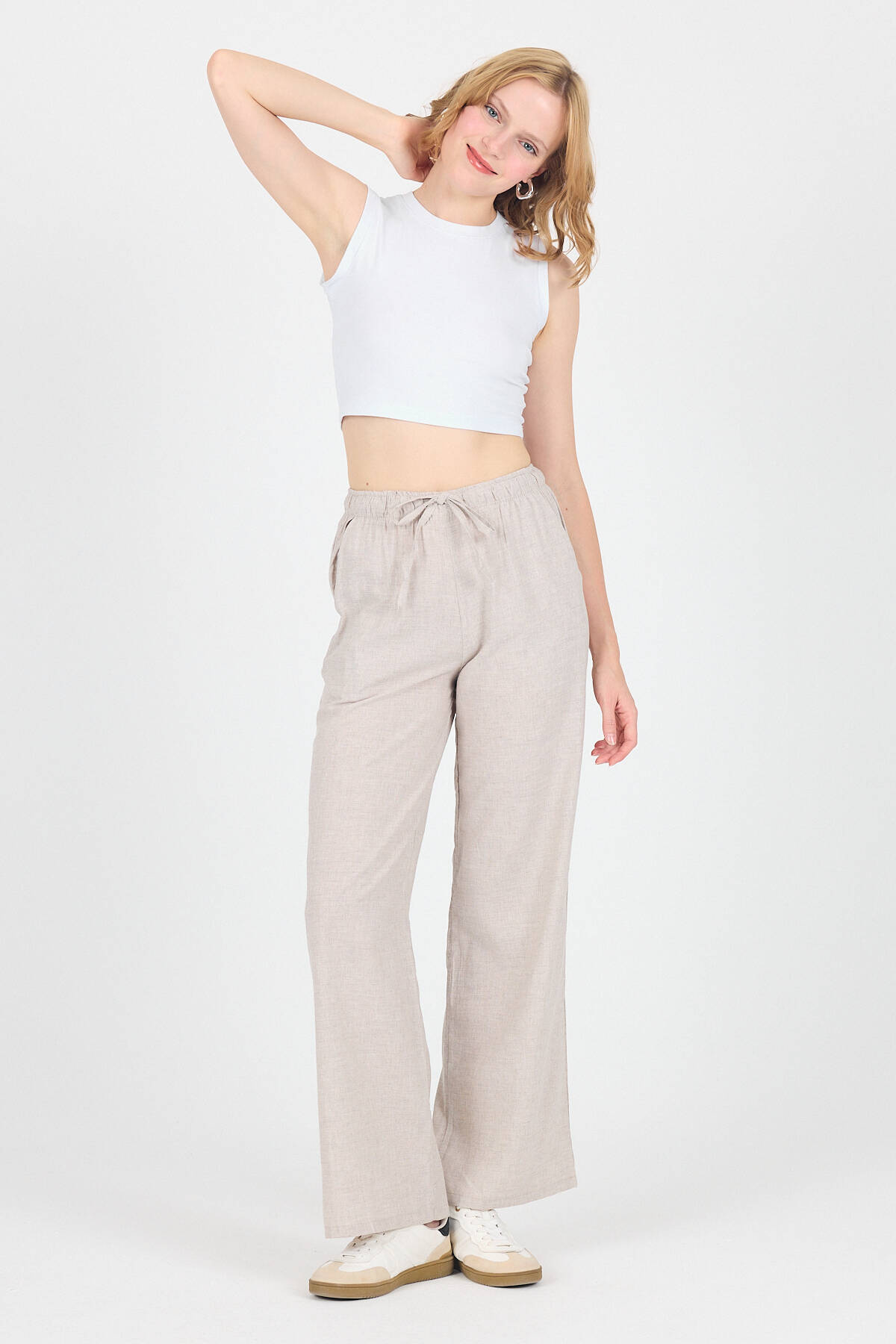Bej Pamuklu Bel Lastikli Wide Leg/Bol Paça Pantolon 4754A - 2