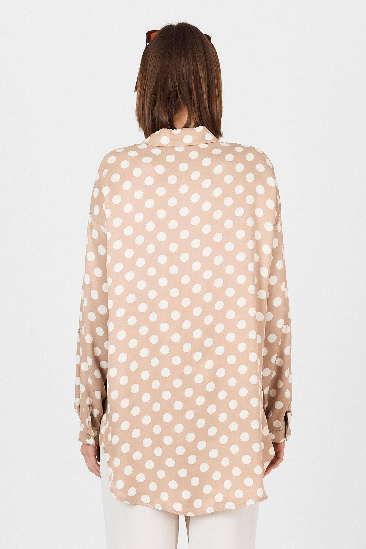 Bej Puantiye Desen Oversize Saten Gömlek 9411 - 5