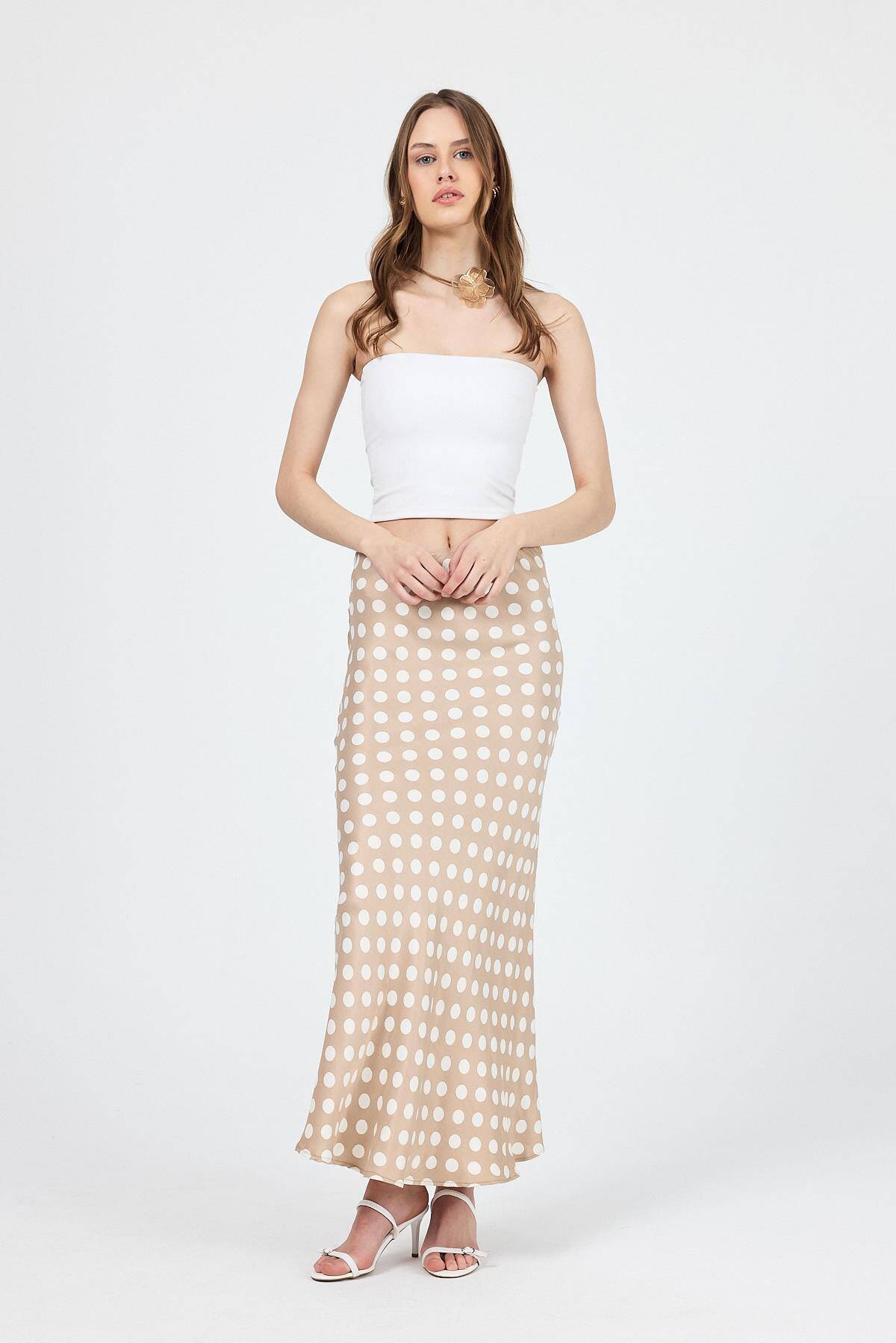 Bej Puantiye Desen Saten Midi Etek 9416 - 6