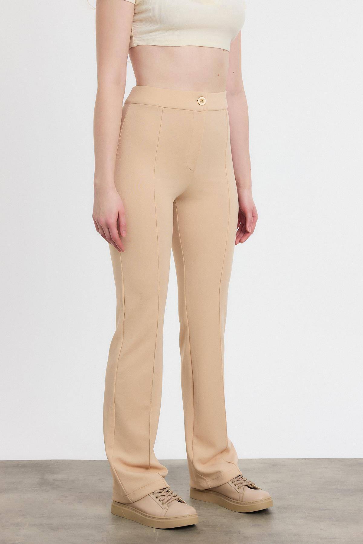 Bej Straight/Düz Kesim Yüksek Bel Nervür Dikişli Örme Pantolon 6873 - Stilay