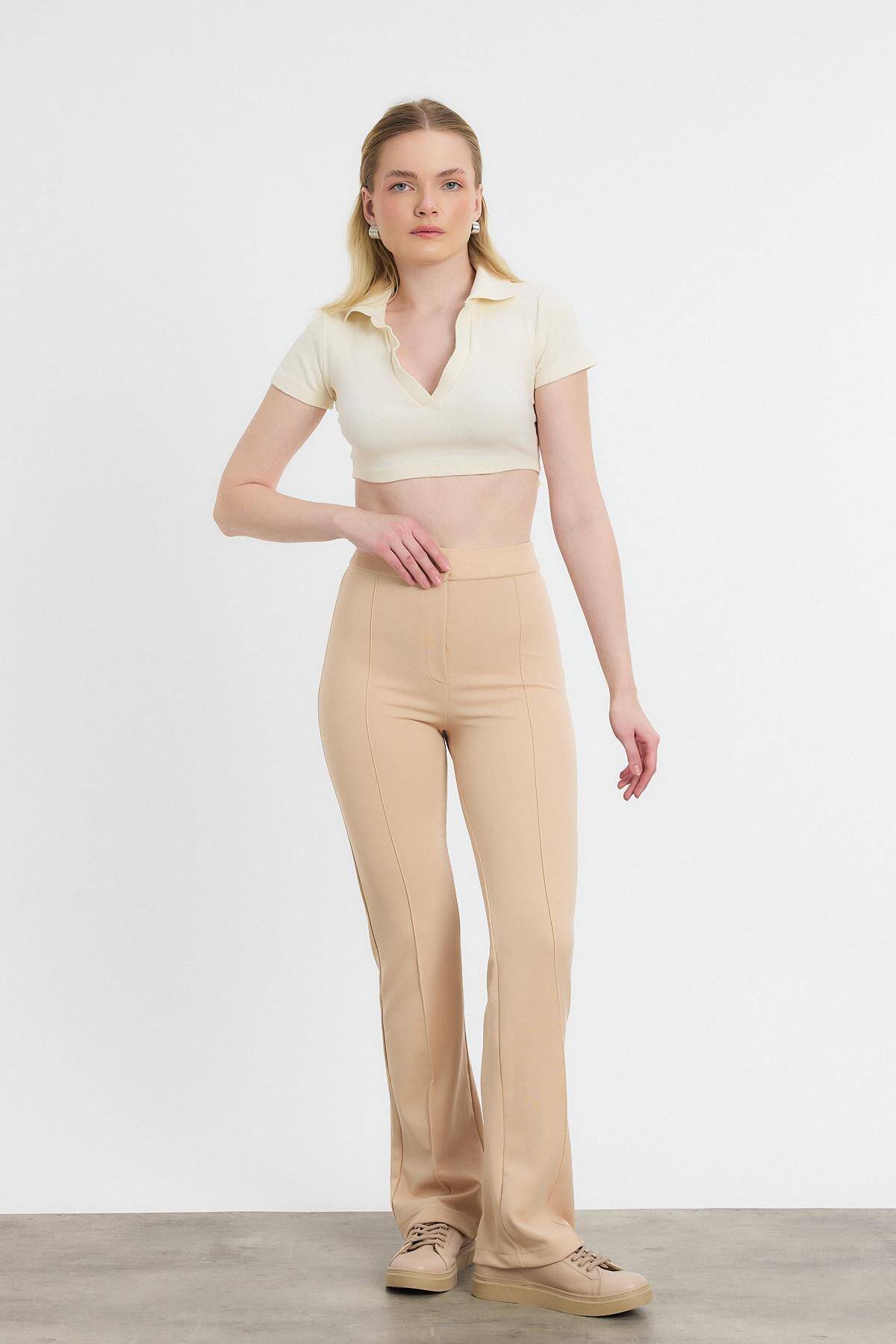 Bej Straight/Düz Kesim Yüksek Bel Nervür Dikişli Örme Pantolon 6873 - 6
