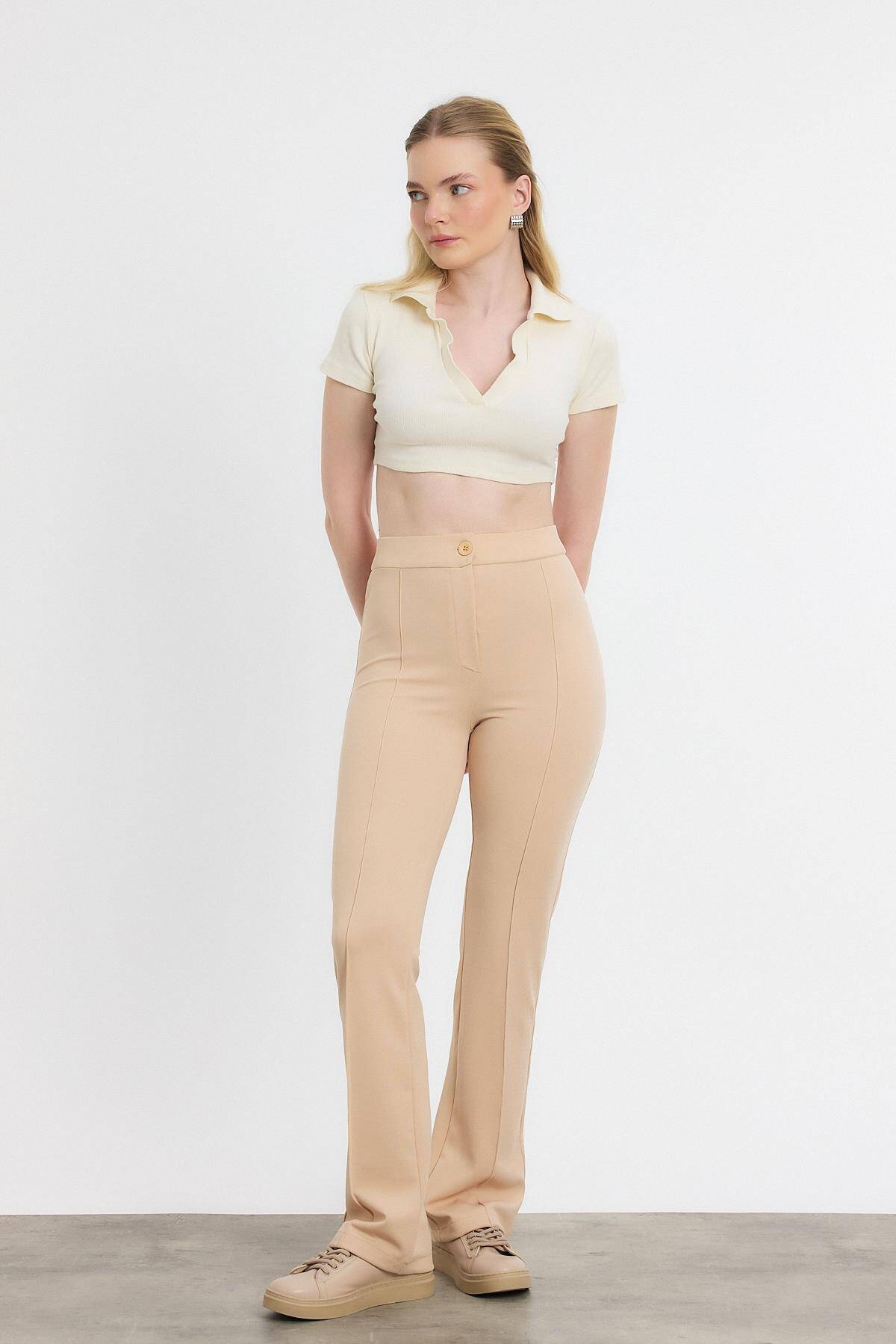 Bej Straight/Düz Kesim Yüksek Bel Nervür Dikişli Örme Pantolon 6873 - 7