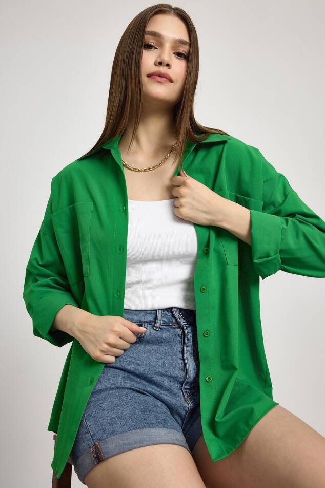 Benetton Yeşili Çift Cepli Oversize Uzun Basic Gömlek TCR 6256A - 1