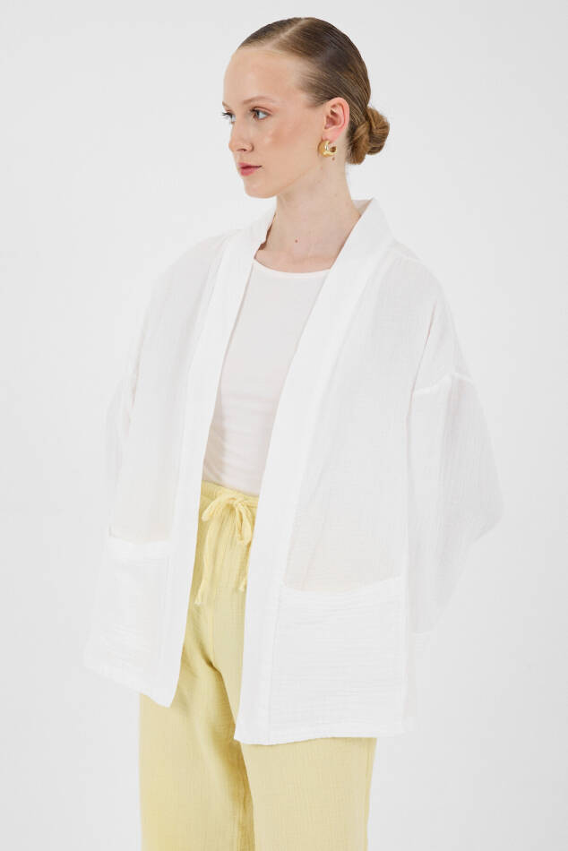 Beyaz %100 Pamuk Cepli Müslin Kimono 8065A - 2