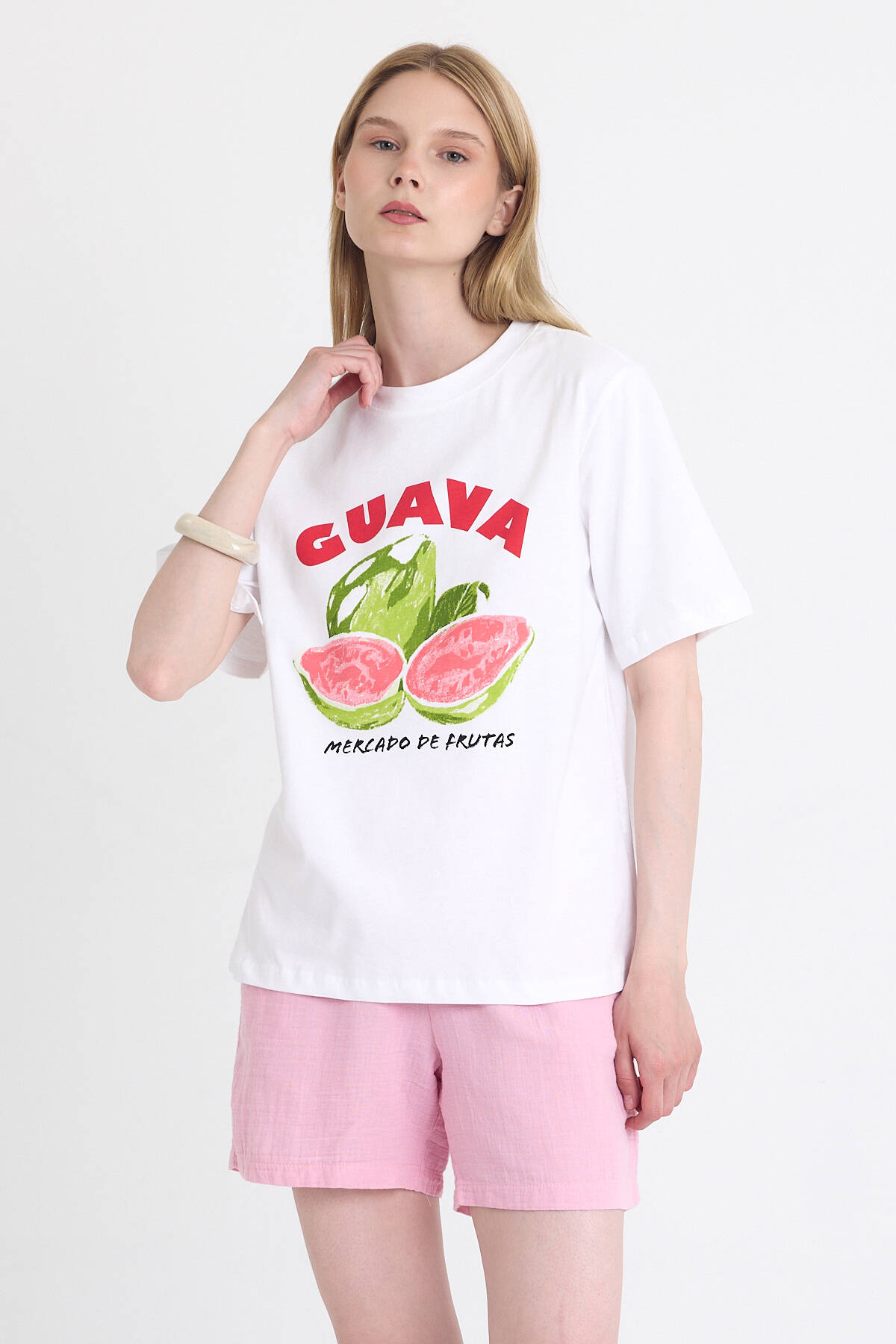 Beyaz Baskılı Oversize Tişört 6938 - Stilay