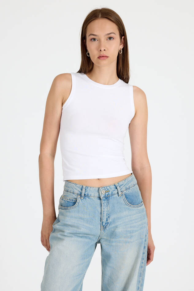 Beyaz Bisiklet Yaka Kolsuz Slim Fit Atlet 1663 - 1