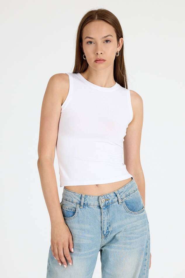 Beyaz Bisiklet Yaka Kolsuz Slim Fit Atlet 1663 - 2
