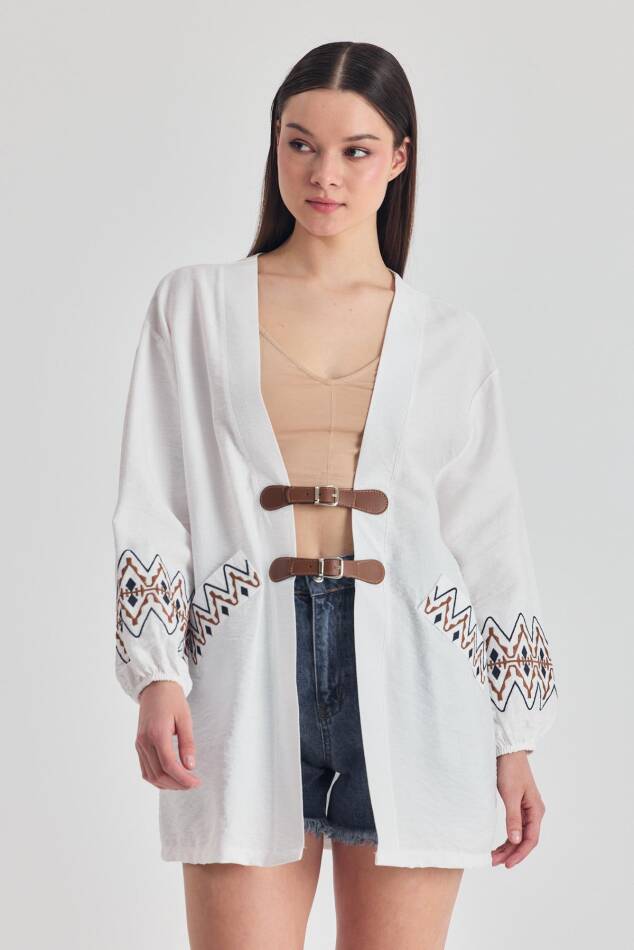 Beyaz Deri Kemer Detaylı Etnik Desenli Kimono 4363A - 1