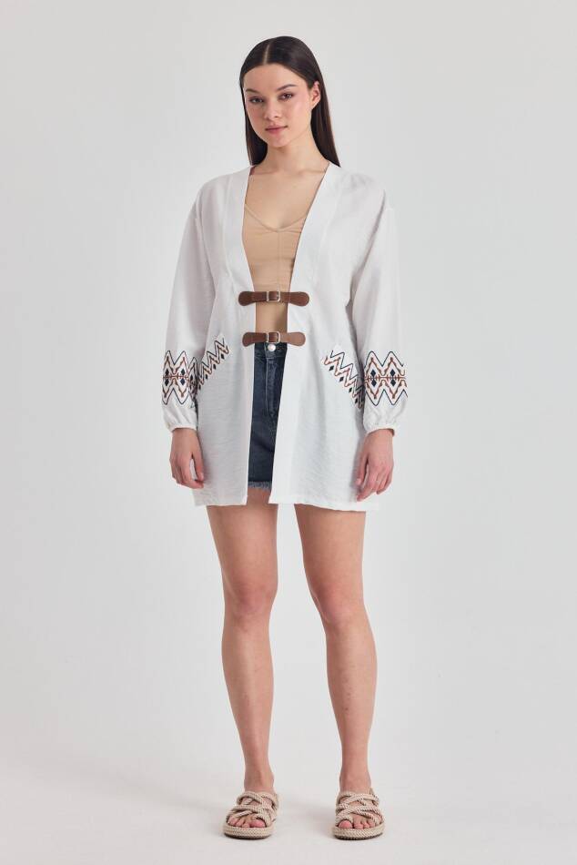 Beyaz Deri Kemer Detaylı Etnik Desenli Kimono 4363A - 2