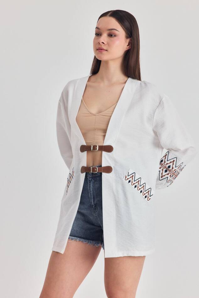 Beyaz Deri Kemer Detaylı Etnik Desenli Kimono 4363A - 3
