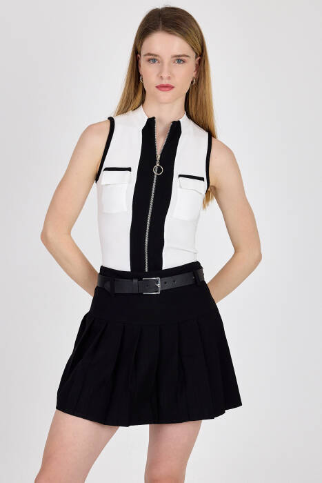 Beyaz Fermuarlı Örme Bluz 1449 - Stilay