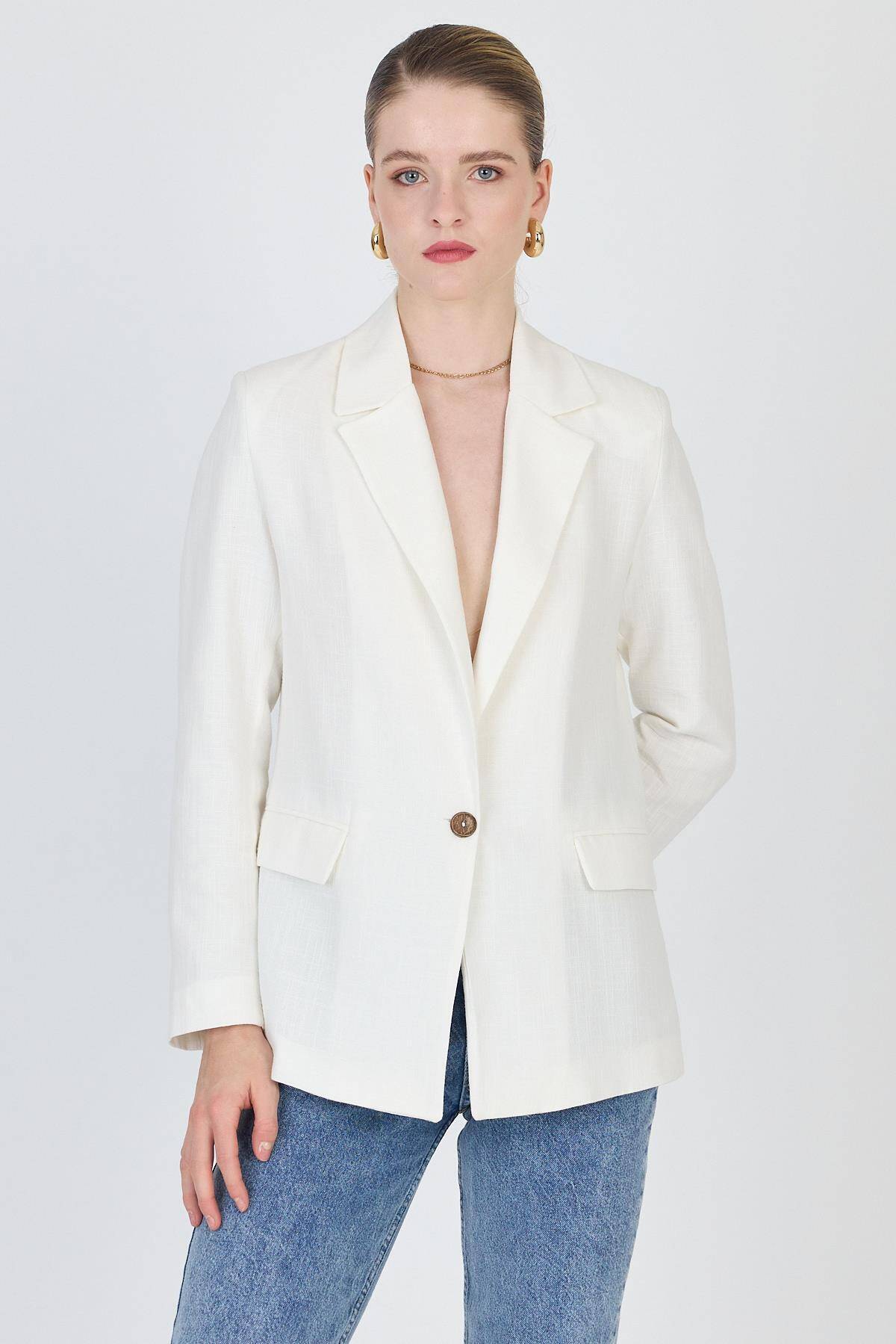 Beyaz Keten Görünümlü %100 Pamuk Astarlı Blazer Ceket 6023-3 - 2
