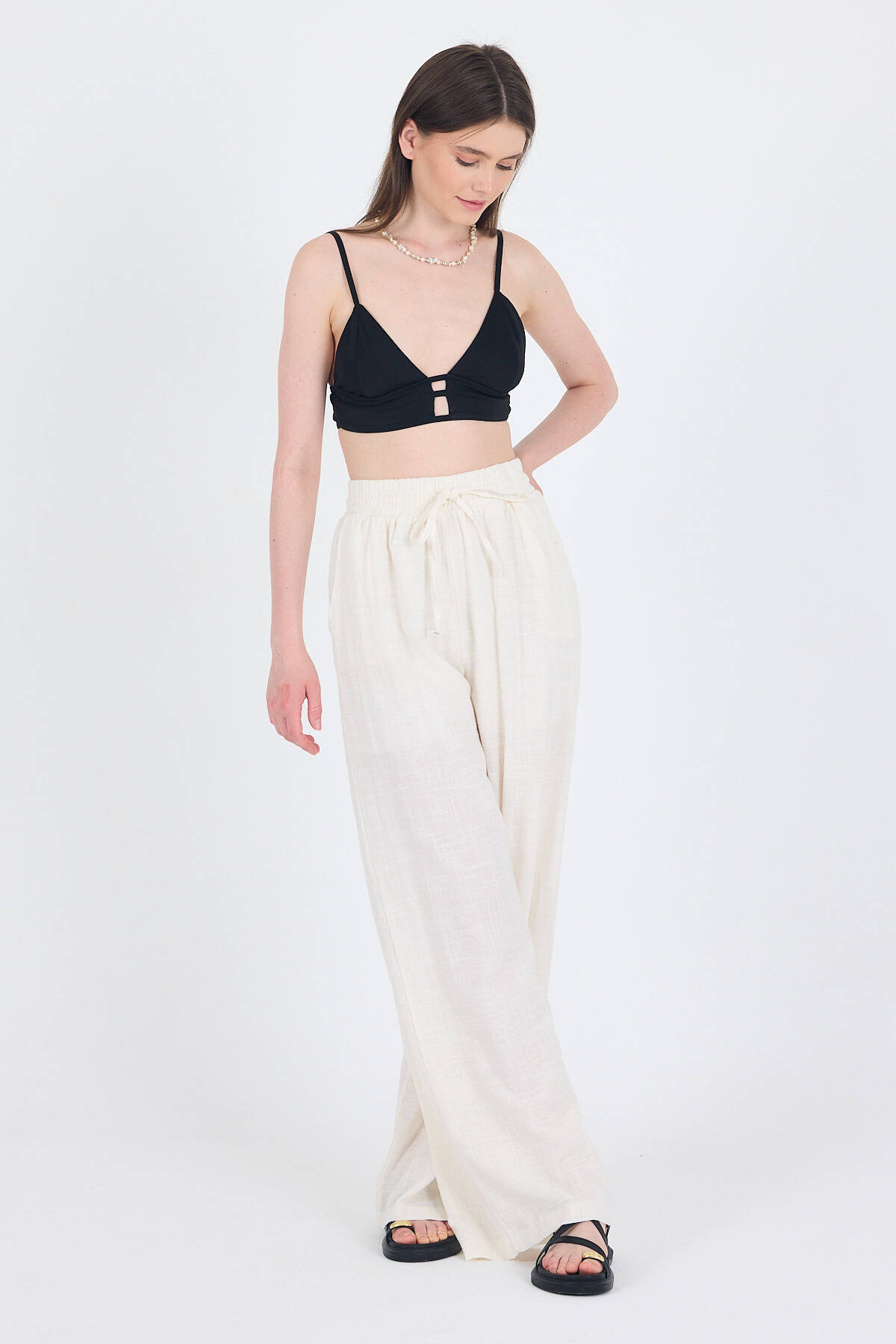 Beyaz Keten Görünümlü %100 Pamuk Bol Paça Pantolon 3040 - Stilay