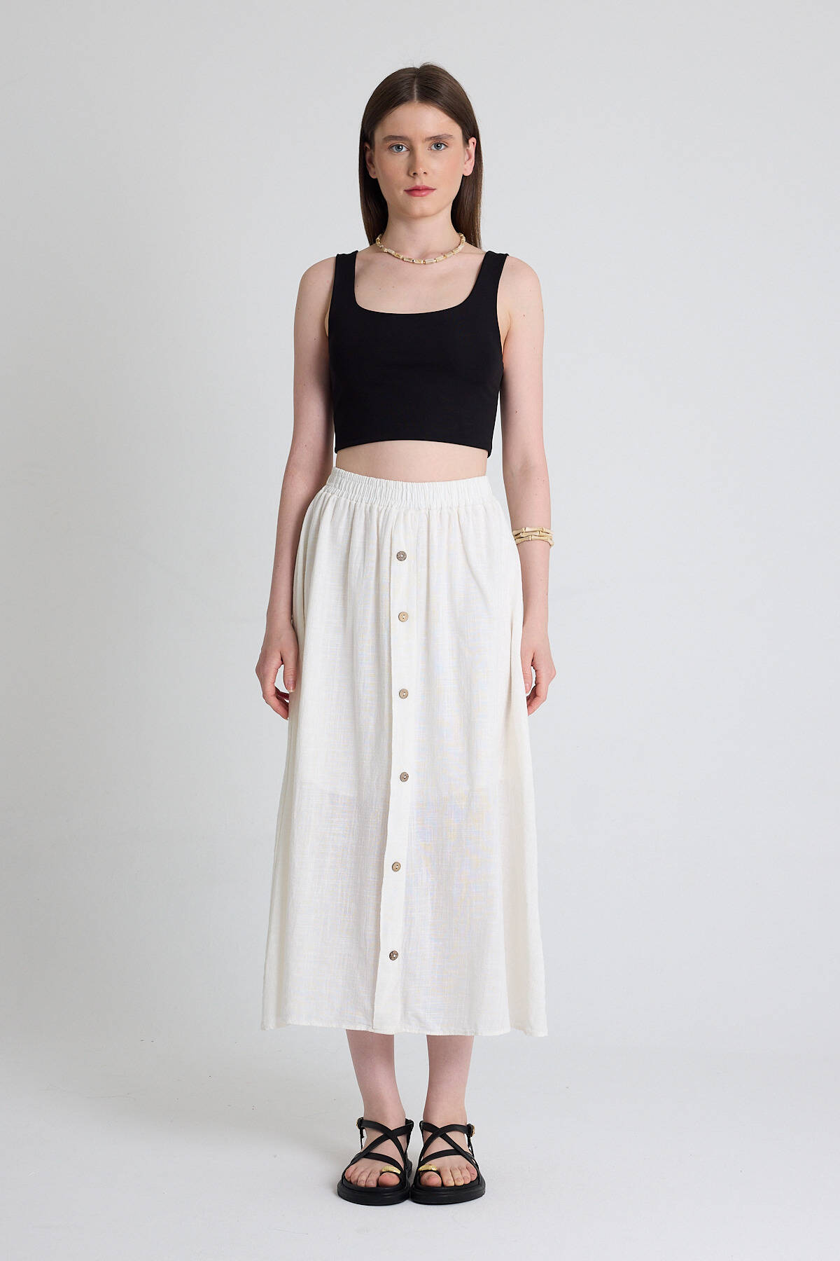 Beyaz Keten Görünümlü %100 Pamuk Düğmeli Midi Etek 3419 - Stilay