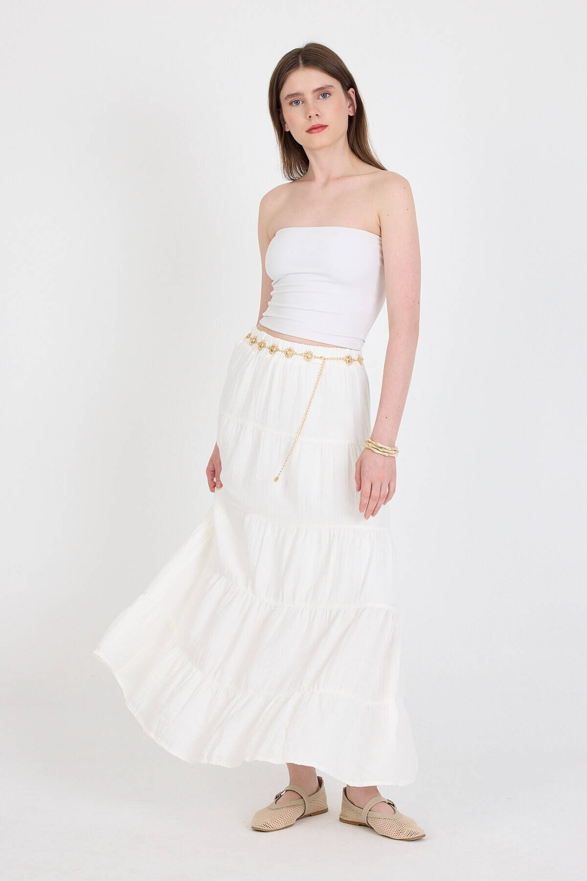 Beyaz Keten Görünümlü %100 Pamuk Kat Kat Uzun Etek 4801A - Stilay