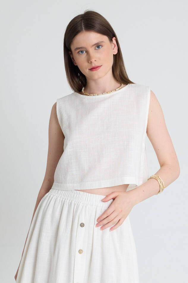 Beyaz Keten Görünümlü %100 Pamuk Kolsuz Crop Bluz 3419-1 - 1