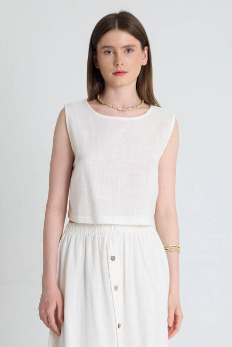 Beyaz Keten Görünümlü %100 Pamuk Kolsuz Crop Bluz 3419-1 - Stilay