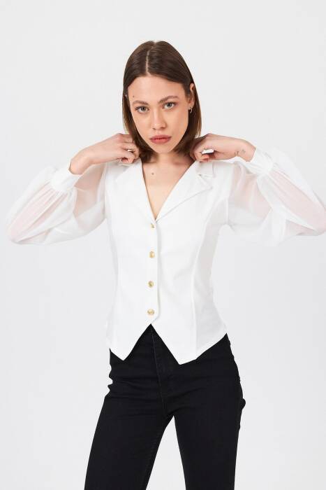 Beyaz Kruvaze Yaka Düğmeli Pensli Gömlek 9476 - Stilay