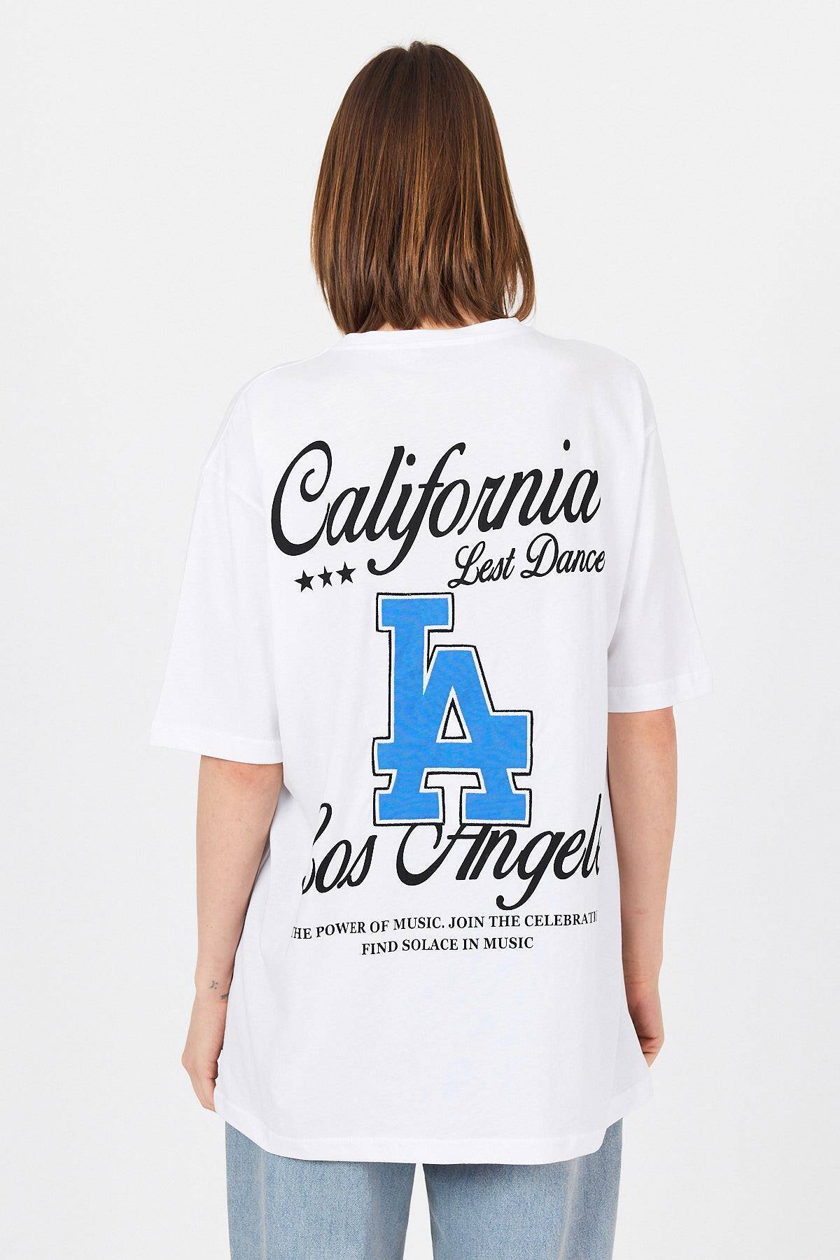 Beyaz LA Baskılı California Yazılı Oversize Tişört 5197 - 5