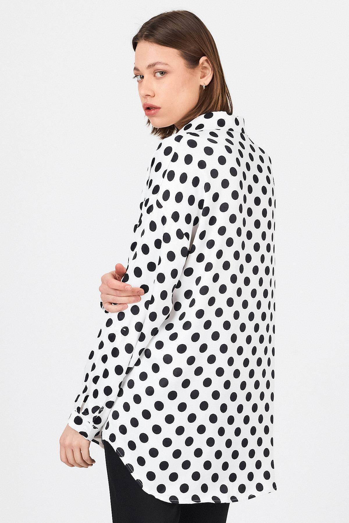 Beyaz Puantiye Desen Oversize Saten Gömlek 9411 - 5