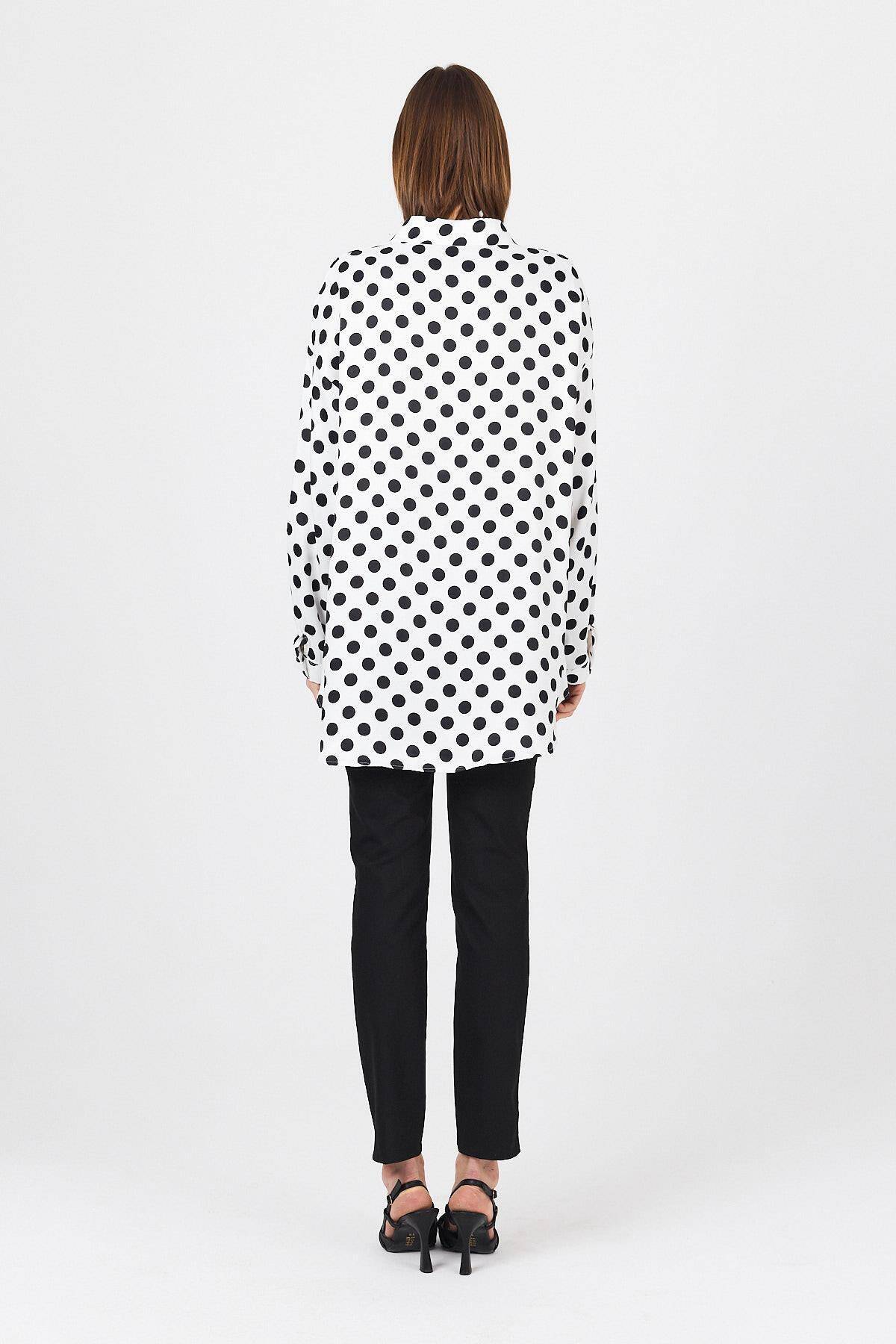 Beyaz Puantiye Desen Oversize Saten Gömlek 9411 - 6