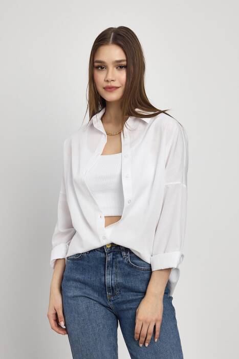 Beyaz Relaxed Fit Rahat Kesim Basic Gömlek - 6621A - Stilay