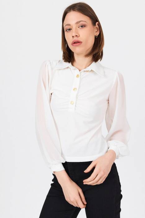 Beyaz Şifon Kollu Gömlek Yaka Bluz 9478 - Stilay