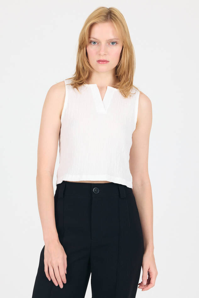 Beyaz V Yaka Kolsuz Crop Bluz 8027 - 6