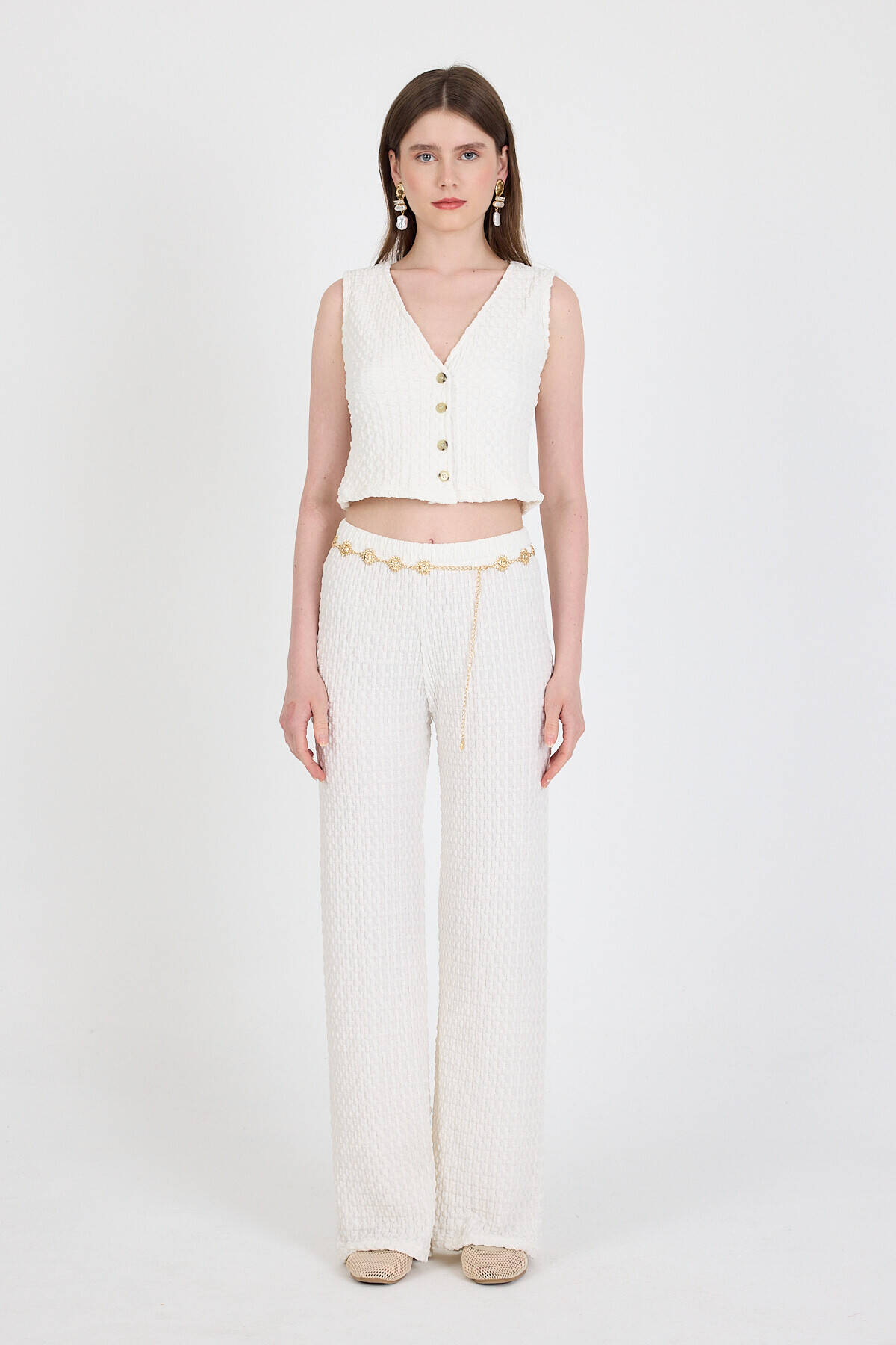 Beyaz V Yaka Yelek ve Pantolon Takımı 3000 - Stilay