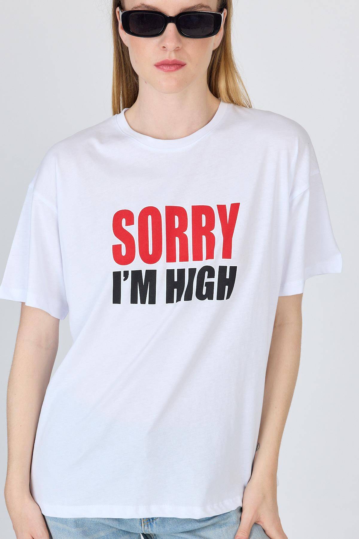 Beyaz Yazı Baskılı %100 Pamuk Oversize Tişört 2150-7M - Stilay