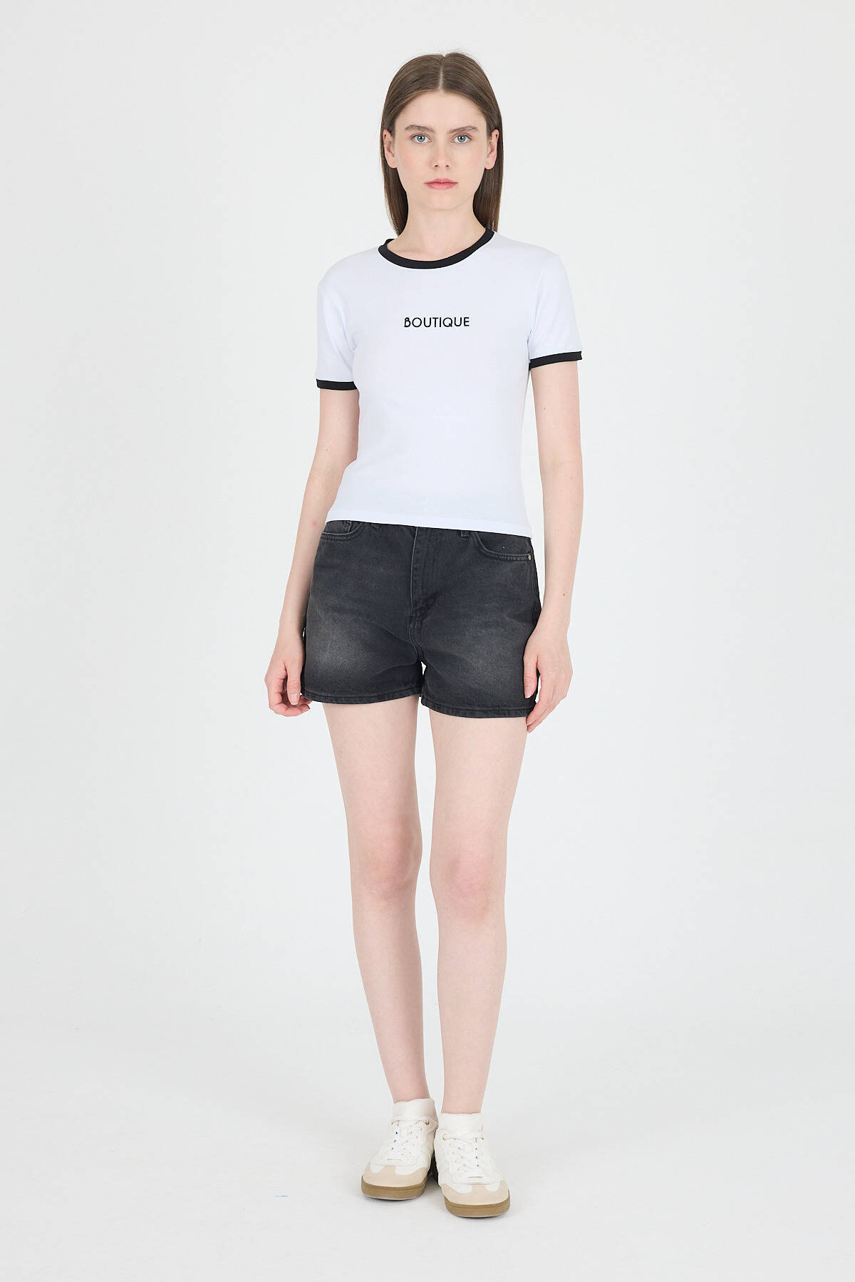 Beyaz Yazı Baskılı Biyeli Pamuklu Slim Fit Tişört 9192M - 3