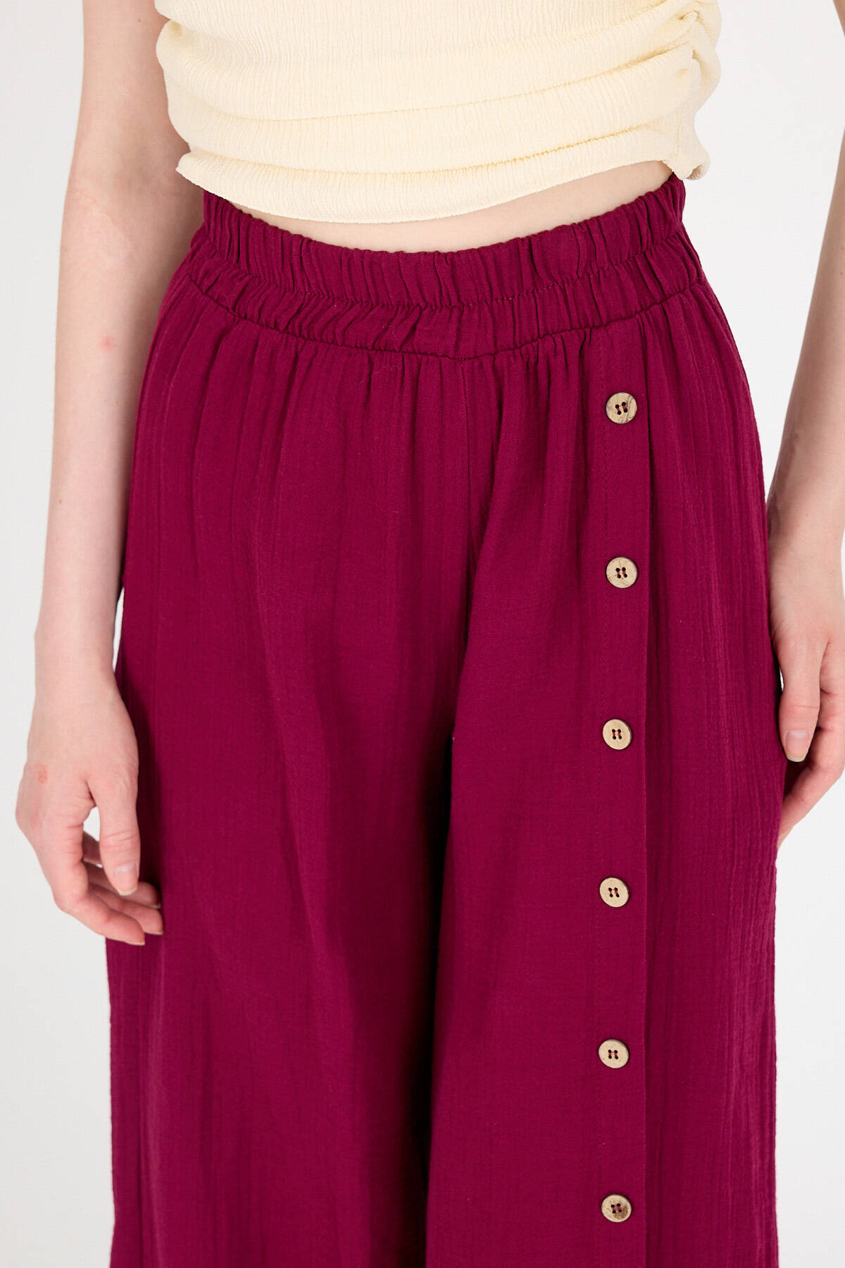 Bordo %100 Pamuk Müslin Yanı Düğmeli Yırtmaçlı Geniş Paça Pantolon 4704A - 4