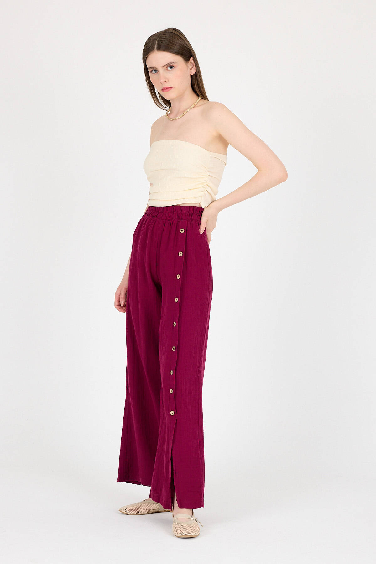 Bordo %100 Pamuk Müslin Yanı Düğmeli Yırtmaçlı Geniş Paça Pantolon 4704A - 6