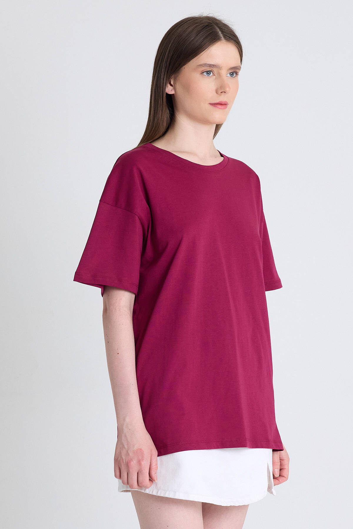 Bordo Arka Yazı Baskılı Kalpli %100 Pamuk Oversize Tişört 2150-33M - Stilay