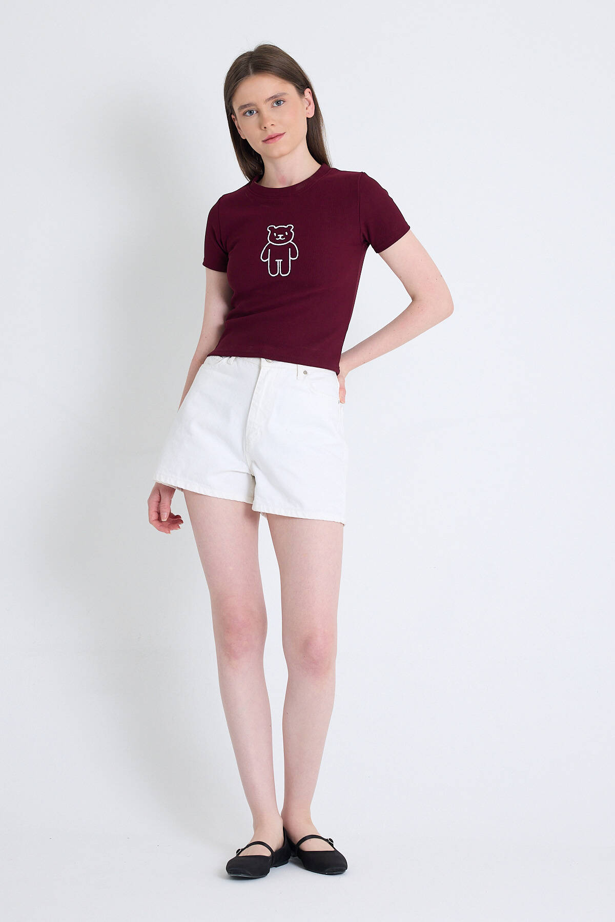 Bordo Ayıcık İşlemeli Slim Fit Crop Tişört 2217 - 3